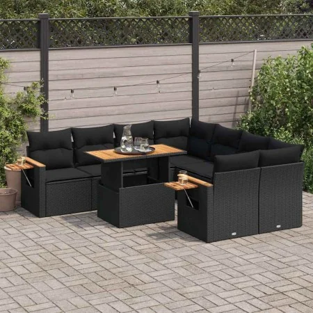 Set sofás jardín y cojines 9 pzas ratán sintético acacia negro by , Garden sets - Ref: Foro24-3327576, Price: 646,20 €, Disco...