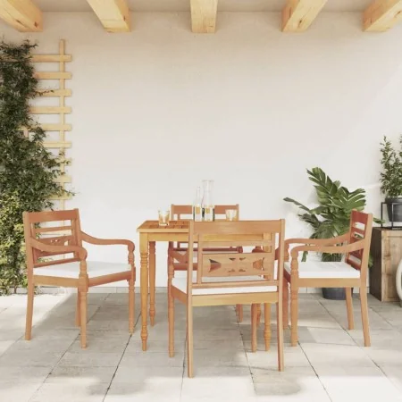 Juego comedor de jardín 5 pzas y cojines blancos madera de teca by , Garden sets - Ref: Foro24-3155979, Price: 675,99 €, Disc...
