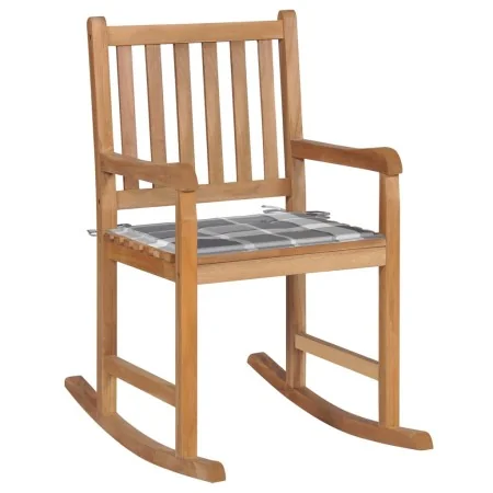 Silla mecedora de madera maciza teca con cojín a cuadros grises de , Sillas de jardín - Ref: Foro24-3062771, Precio: 161,11 €...