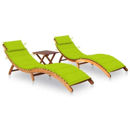 Tumbonas 2 unidades con mesa y cojines madera maciza de acacia by , Loungers - Ref: Foro24-3077387, Price: 358,52 €, Discount: %