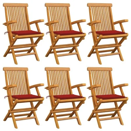 Sillas de jardín 6 uds madera maciza de teca con cojines rojos de , Sillas de jardín - Ref: Foro24-3062547, Precio: 464,18 €,...
