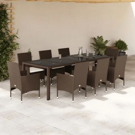Set comedor jardín 9 pzas cojines ratán sintético vidrio marrón by , Garden sets - Ref: Foro24-3278589, Price: 731,45 €, Disc...