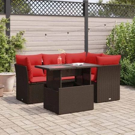Juego Sofá Jardín 5 Piezas con Cojines Marrón Poli Ratán Acacia by , Garden sets - Ref: Foro24-3326155, Price: 437,56 €, Disc...