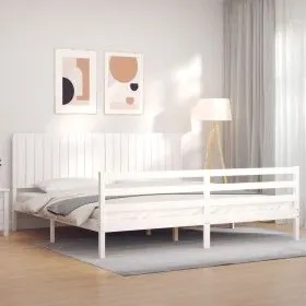 White solid wood bed frame with headboard 200x200 cm by vidaXL, Beds and slatted bases - Ref: Foro24-3194787, Price: 189,80 €...