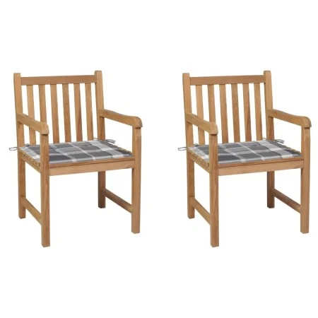 Sillas de jardín 2 uds madera de teca y cojines a cuadros gris de , Sillas de jardín - Ref: Foro24-3062744, Precio: 295,09 €,...
