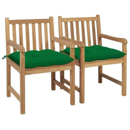 Sillas de jardín 2 uds madera maciza de teca con cojines verdes by , Garden chairs - Ref: Foro24-3062750, Price: 294,32 €, Di...