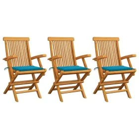 Sillas de jardín 3 uds madera maciza de teca con cojines azules by , Garden chairs - Ref: Foro24-3062518, Price: 229,92 €, Di...