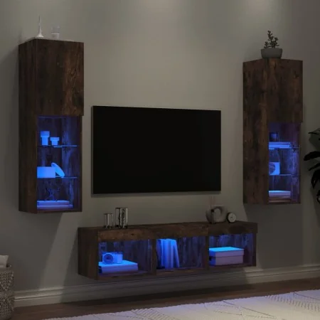 Muebles TV pared con LED 5 pzas madera ingeniería roble ahumado by , TV Furniture - Ref: Foro24-3216608, Price: 158,11 €, Dis...
