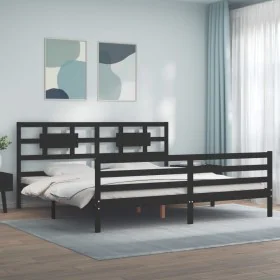 Bed frame with black solid wood headboard 200x200 cm by vidaXL, Beds and slatted bases - Ref: Foro24-3194465, Price: 174,16 €...