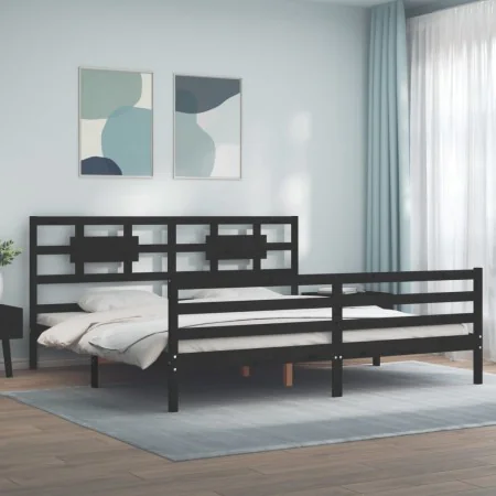 Bed frame with black solid wood headboard 200x200 cm by vidaXL, Beds and slatted bases - Ref: Foro24-3194465, Price: 174,16 €...