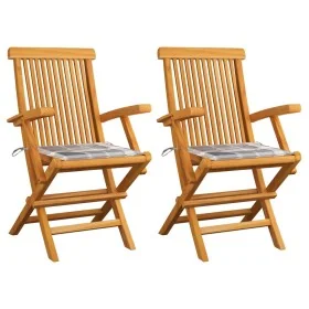 Sillas de jardín 2 uds madera teca con cojines a cuadros grises by , Garden chairs - Ref: Foro24-3062501, Price: 179,02 €, Di...