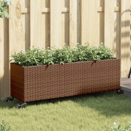 Jardinera con ruedas y 3 maceteros ratán PE marrón 107x32x38 cm by , Pots and planters - Ref: Foro24-366420, Price: 73,77 €, ...