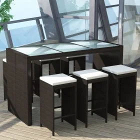 Mesa y sillas bar de jardín 7 pzas y cojines poli ratán marrón de , Conjuntos de jardín - Ref: Foro24-41836, Precio: 518,61 €...