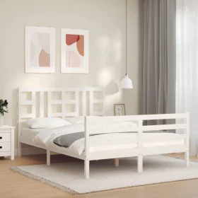White solid wood bed frame with headboard 140x200 cm by vidaXL, Beds and slatted bases - Ref: Foro24-3193922, Price: 130,85 €...