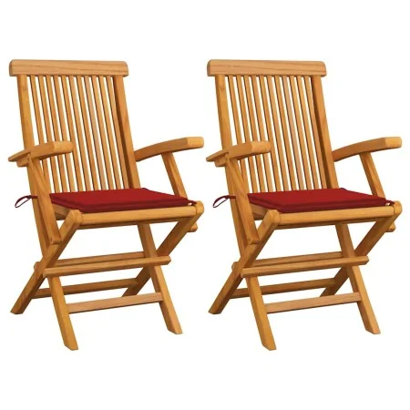 Sillas de jardín 2 uds madera maciza de teca con cojines rojos de , Sillas de jardín - Ref: Foro24-3062493, Precio: 187,89 €,...