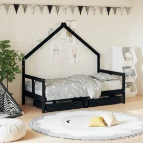 Estructura cama infantil y cajones madera pino negro 80x160 cm by , Cribs and beds for children - Ref: Foro24-834545, Price: ...
