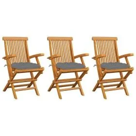 Gartenstühle 3 Stück aus massivem Teakholz mit grauen Kissen von vidaXL, Gartenstühle - Ref: Foro24-3062530, Preis: 226,72 €,...
