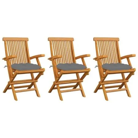 Gartenstühle 3 Stück aus massivem Teakholz mit grauen Kissen von vidaXL, Gartenstühle - Ref: Foro24-3062530, Preis: 243,25 €,...