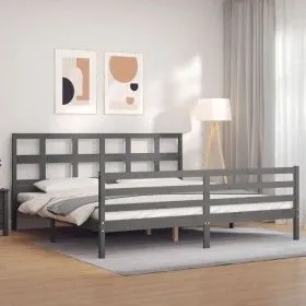 Gray solid wood bed frame with headboard 200x200 cm by vidaXL, Beds and slatted bases - Ref: Foro24-3194853, Price: 172,13 €,...