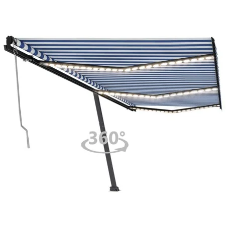 Toldo automático LED sensor de viento azul y blanco 600x350 cm by , Awnings - Ref: Foro24-3069891, Price: 976,88 €, Discount: %