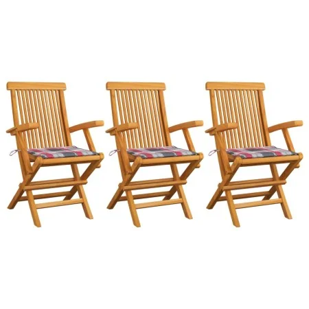 Sillas de jardín 3 uds madera teca con cojines a cuadros rojos by , Garden chairs - Ref: Foro24-3062527, Price: 231,82 €, Dis...