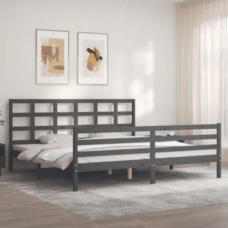 Gray solid wood bed frame with headboard 200x200 cm by vidaXL, Beds and slatted bases - Ref: Foro24-3194008, Price: 168,99 €,...