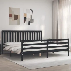 Bed frame with black solid wood headboard 200x200 cm by vidaXL, Beds and slatted bases - Ref: Foro24-3194270, Price: 177,89 €...