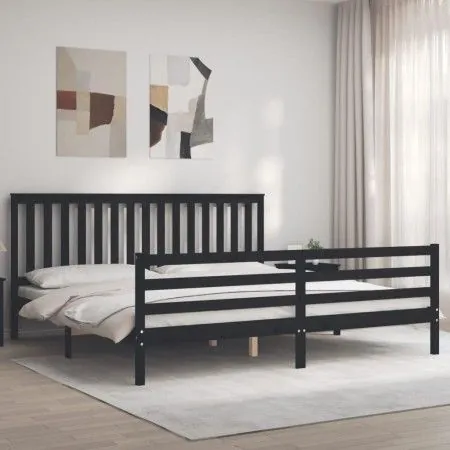 Bed frame with black solid wood headboard 200x200 cm by vidaXL, Beds and slatted bases - Ref: Foro24-3194270, Price: 177,89 €...