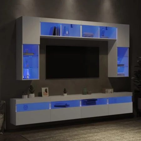 Mueble de pared de TV con luces LED 8 piezas blanco de , Muebles TV - Ref: Foro24-3216764, Precio: 356,32 €, Descuento: %