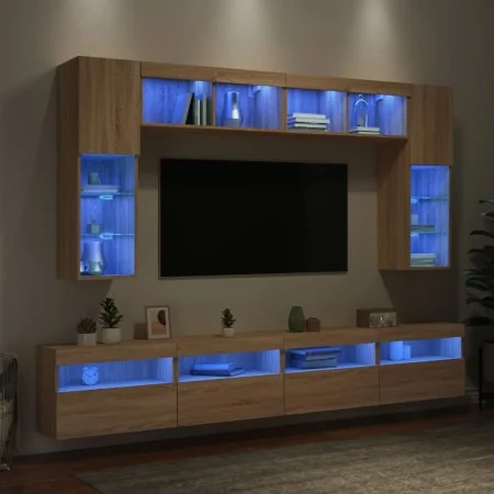 Muebles de TV de pared con luces LED 8 piezas roble sonoma by , TV Furniture - Ref: Foro24-3216766, Price: 324,15 €, Discount: %