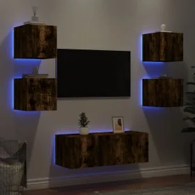 Muebles TV pared con LED 6 pzas madera ingeniería roble ahumado de , Muebles TV - Ref: Foro24-3216815, Precio: 178,03 €, Desc...