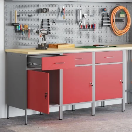 Gabinete de Trabajo 3 piezas Rojo y Gris de Madera y Acero de , Mesas de trabajo - Ref: Foro24-3321367, Precio: 343,94 €, Des...