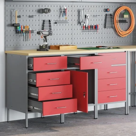 Juego de Gabinetes de Trabajo de 3 Piezas Rojo y Gris de Madera Engineered y Acero von , Arbeitstische - Ref: Foro24-3321373,...