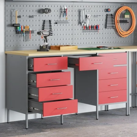Conjunto de 3 piezas: gabinete y mesa de trabajo en rojo, de madera engineered y acero | Foro24.es | Tu tienda online para hogar, jardín y más Foro24.es