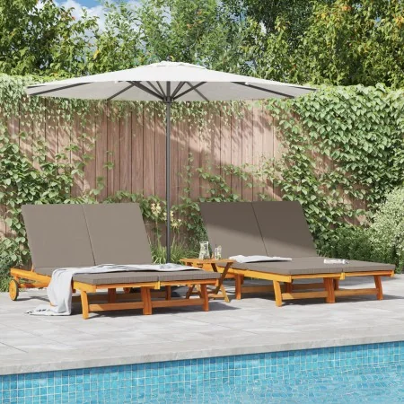 Sillón doble de sol con ruedas y cojín de madera maciza de acacia de , Tumbonas - Ref: Foro24-3325191, Precio: 418,42 €, Desc...