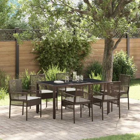Conjunto de comedor de jardín de 7 piezas de con cojines de poliratán marrón | Foro24.es | Tu tienda online para hogar, jardín y más Foro24.es