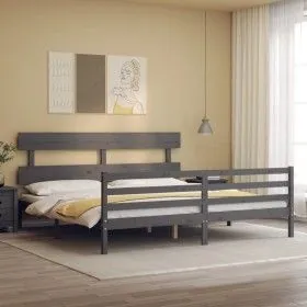 Grauer Massivholzbettrahmen mit Kopfteil 200x200 cm von vidaXL, Betten und Lattenroste - Ref: Foro24-3195113, Preis: 168,21 €...