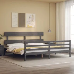 Gray solid wood bed frame with headboard 200x200 cm by vidaXL, Beds and slatted bases - Ref: Foro24-3195113, Price: 168,21 €,...