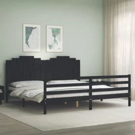 Bed frame with black solid wood headboard 200x200 cm by vidaXL, Beds and slatted bases - Ref: Foro24-3194205, Price: 196,37 €...