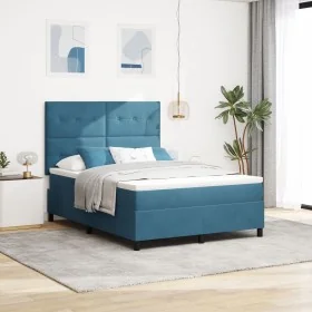 Cama con Box Spring y Colchón & LED Azul Oscuro