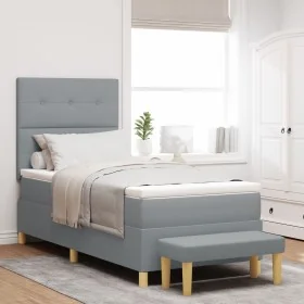 Cama Box Spring con Colchón y Banco Gris Claro