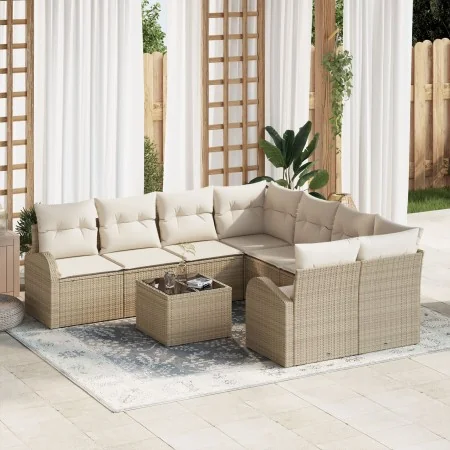 Juego de Sofá de Jardín de 9 Piezas con Cojines Beige Poliratán | Foro24.es | Tu tienda online para hogar, jardín y más Foro24.es