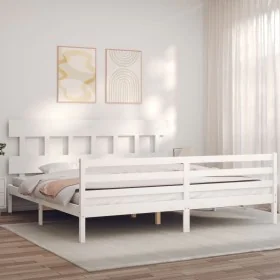 White solid wood bed frame with headboard 200x200 cm by vidaXL, Beds and slatted bases - Ref: Foro24-3195177, Price: 152,79 €...