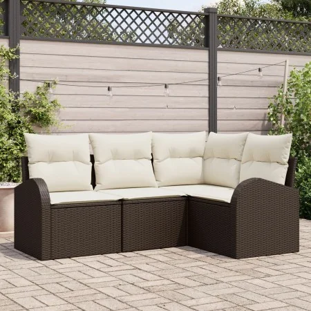 Conjunto de Sofá de Jardín de 4 Piezas con Cojines Marrón Ratán Poliéster von , Outdoor-Sofas - Ref: Foro24-3346018, Preis: 3...