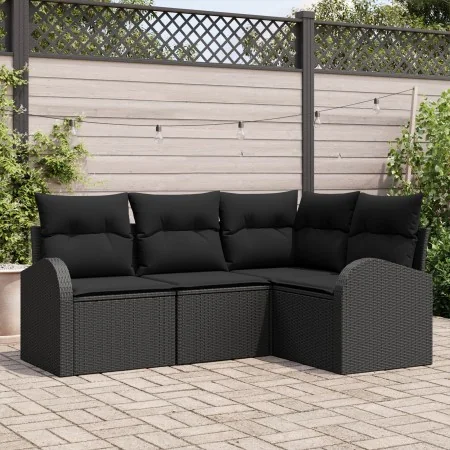Set de Sofá de Jardín de 4 Piezas con Cojines Negros de Ratán Poliéster by , Outdoor sofas - Ref: Foro24-3346023, Price: 299,...