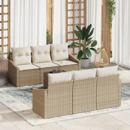 Juego de Sofá de Jardín de 7 Piezas con Cojines Beige Poliratán | Foro24.es | Tu tienda online para hogar, jardín y más Foro24.es