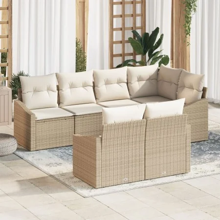 Conjunto de Sofá de Jardín de 7 Piezas con Cojines Beige Poliratán | Foro24.es | Tu tienda online para hogar, jardín y más Foro24.es