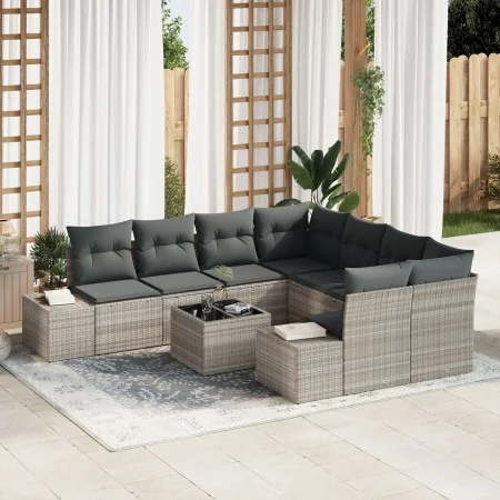 Juego de Sofás de Jardín de 9 Piezas con Cojines Gris Claro Ratán Poliéster by , Outdoor sofas - Ref: Foro24-3347002, Price: ...