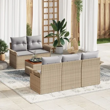 Conjunto de Sofá de Jardín de 6 Piezas con Cojines Beige de Poliratán Acacia | Foro24.es | Tu tienda online para hogar, jardín y más Foro24.es