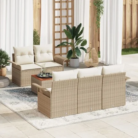Juego de Sofá de Jardín de 6 Piezas con Cojines Beige de Ratán Poliéster Acacia von , Outdoor-Sofas - Ref: Foro24-3347267, Pr...